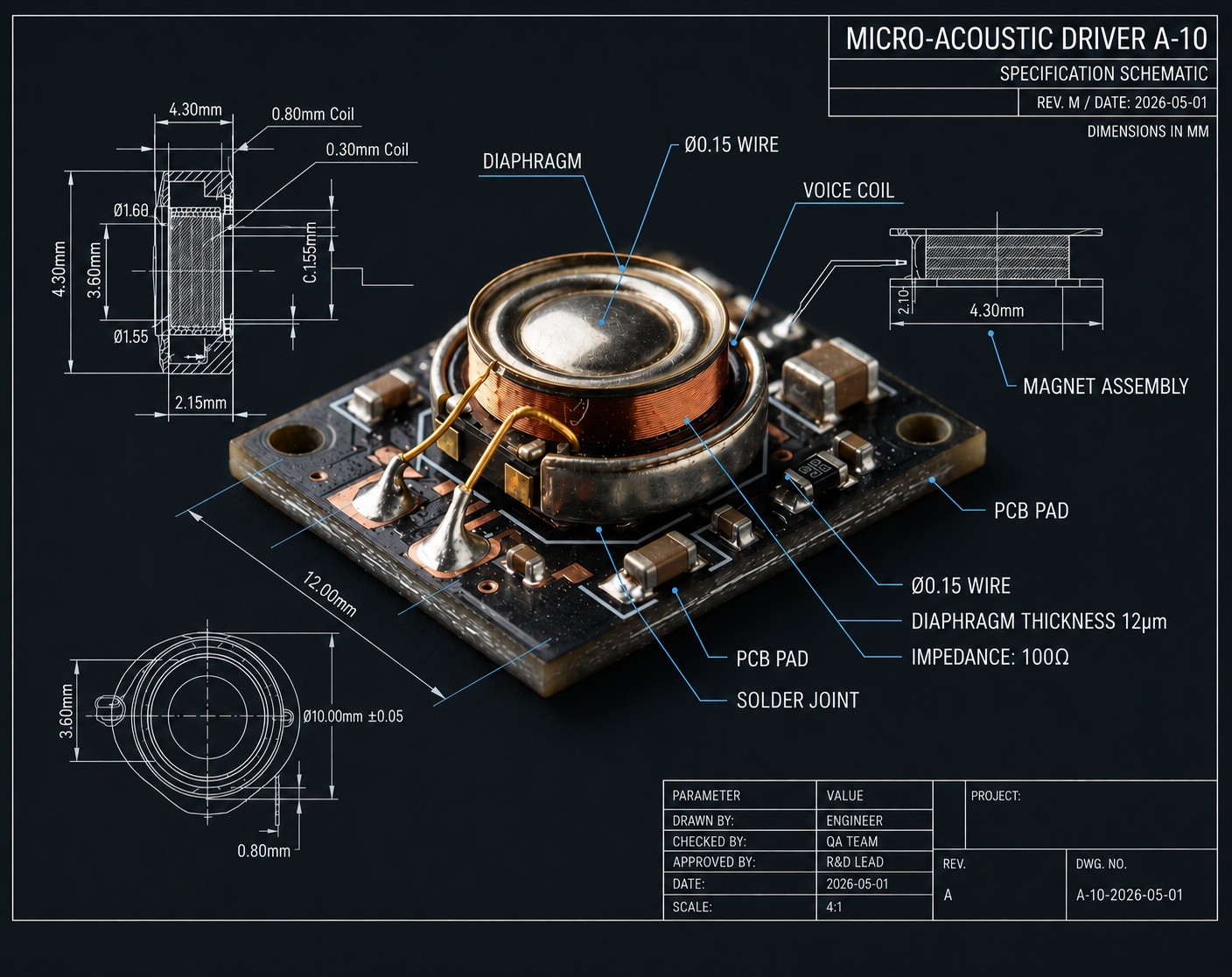 Technical schematic blueprint overlaid on acoustic micro-component